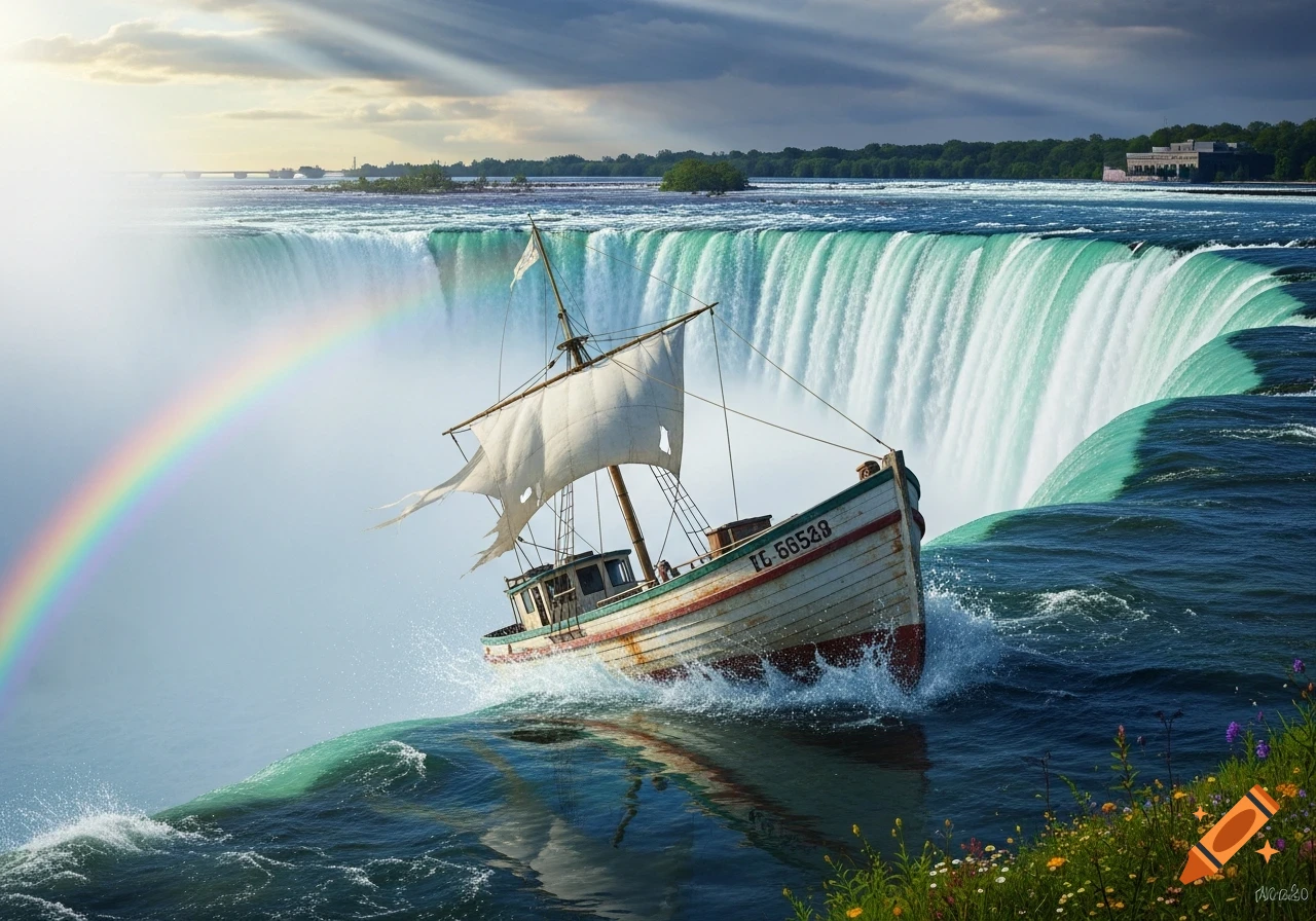 A boat teeters precariously at the edge of Niagara Falls under a cloudy sky with a bright rainbow.
