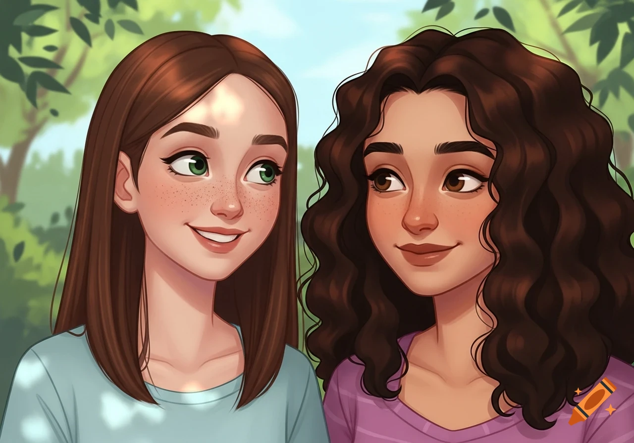 Two smiling animated young girls, one with straight brown hair and green eyes, the other with curly brown hair and brown eyes, stand outdoors.