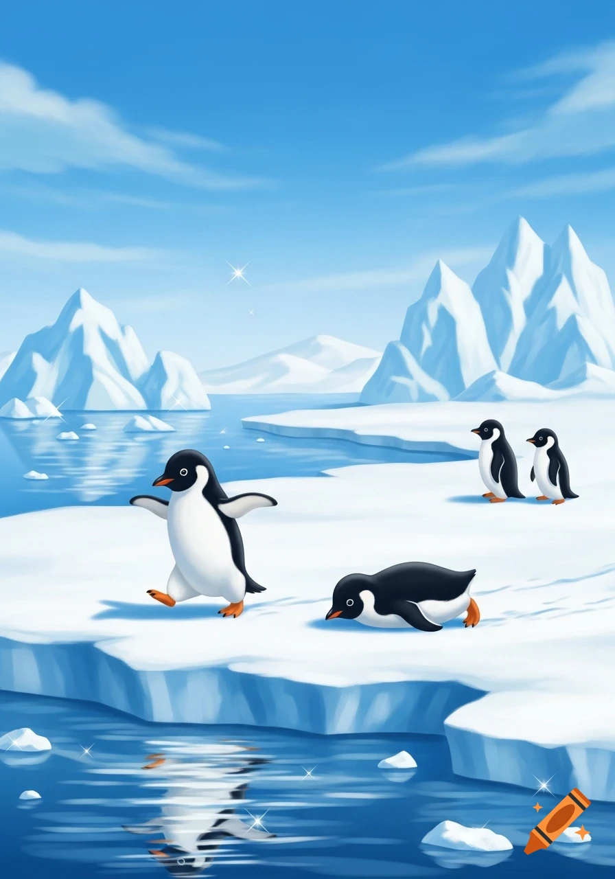 Cute cartoon penguins on ice floes in a bright blue arctic landscape with icebergs.