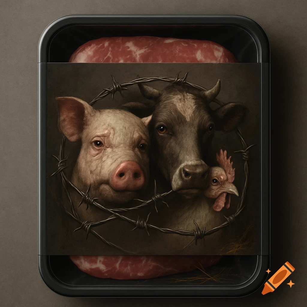 A pig, cow, and chicken are framed by barbed wire on a meat packaging label, with raw meat above and below. Dark art style.
