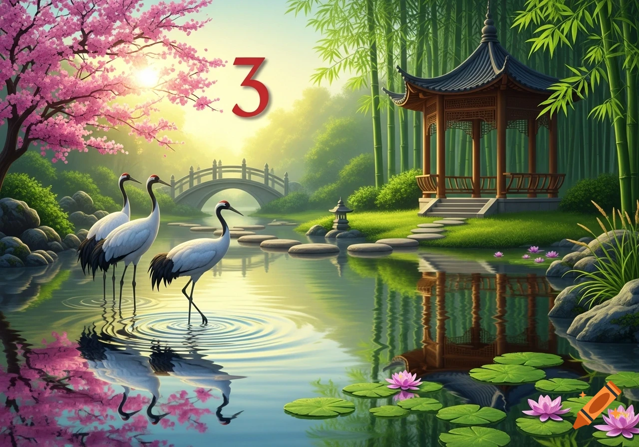 Three cranes stand in a serene Asian garden pond featuring a red number 3, cherry blossoms, a pagoda, and bamboo.