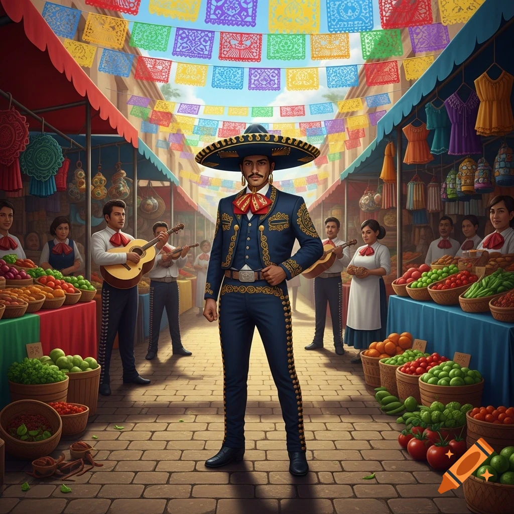 A mariachi man in a sombrero stands centered in a vibrant Mexican market, with musicians and colorful stalls under papel picado banners.
