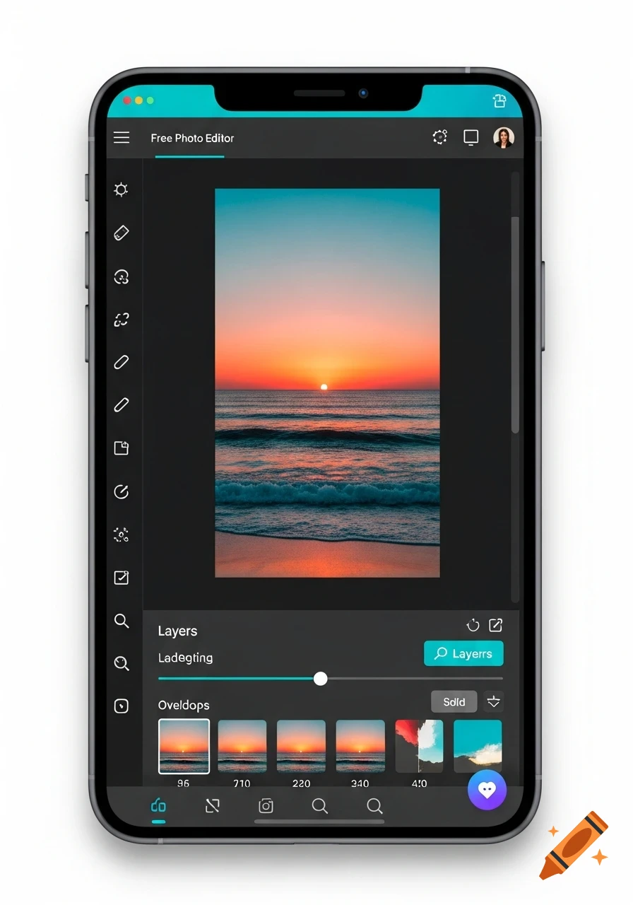 A smartphone displaying a dark-themed photo editing application. The app shows a vibrant sunset over an ocean, with various editing tools and thumbnails around it.