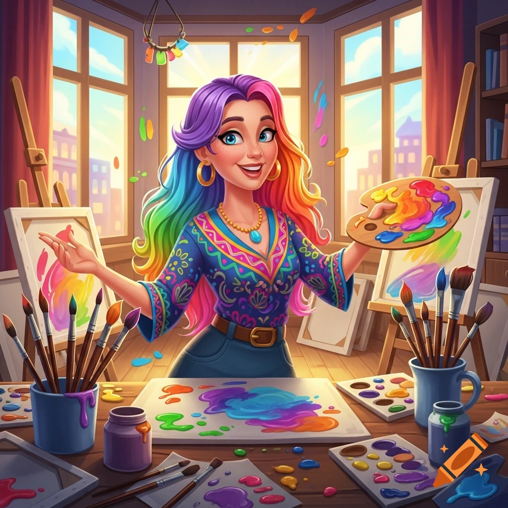 A vibrant cartoon woman with rainbow hair, holding a paint palette in an art studio, surrounded by canvases and colorful paints.