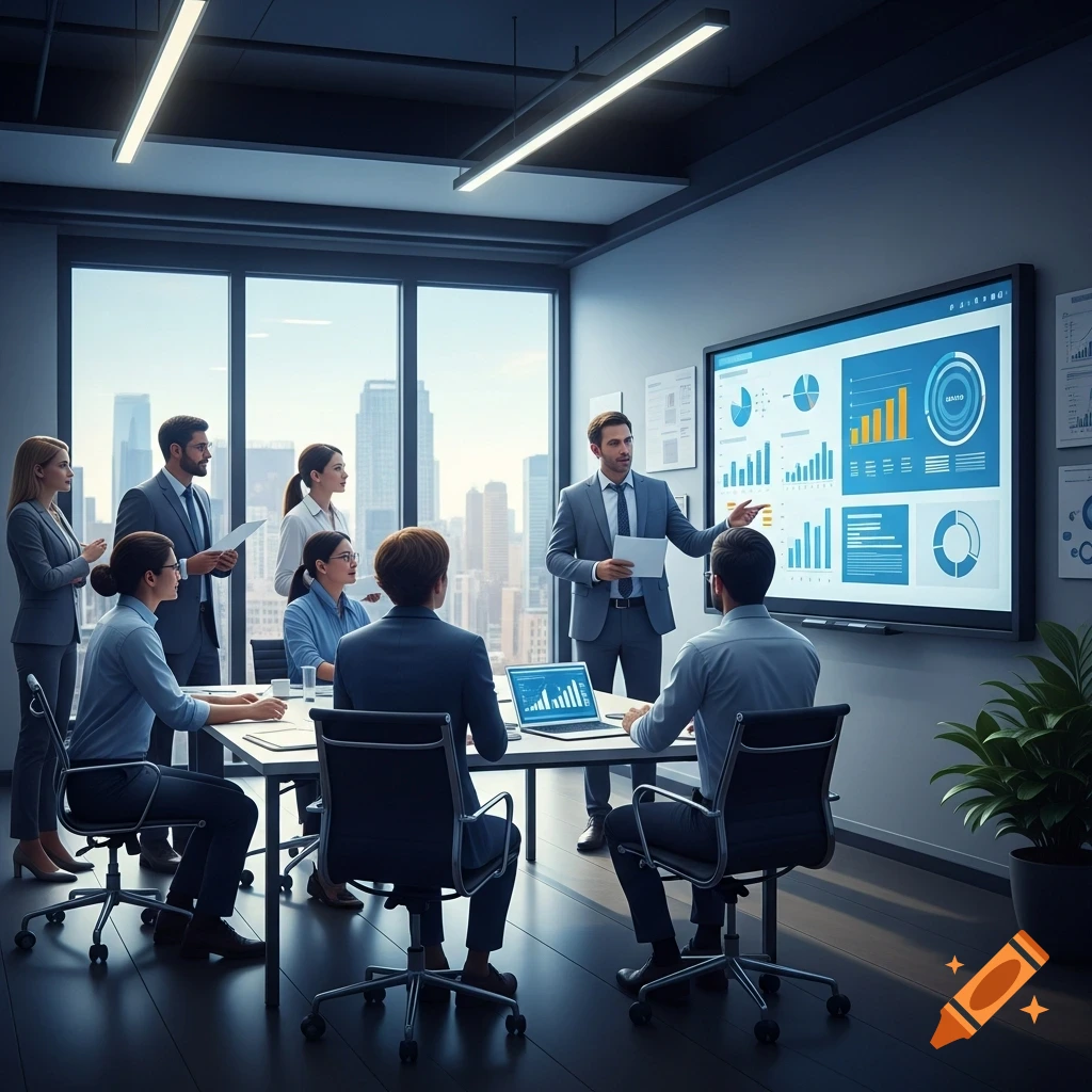 A group of professionals in a modern office boardroom with large windows, watching a man present data on a large screen with charts.