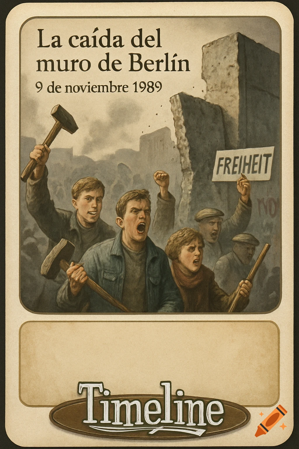 A vintage-style illustration for a Timeline game card depicting the fall of the Berlin Wall with protesters, one holding a 'FREIHEIT' sign.
