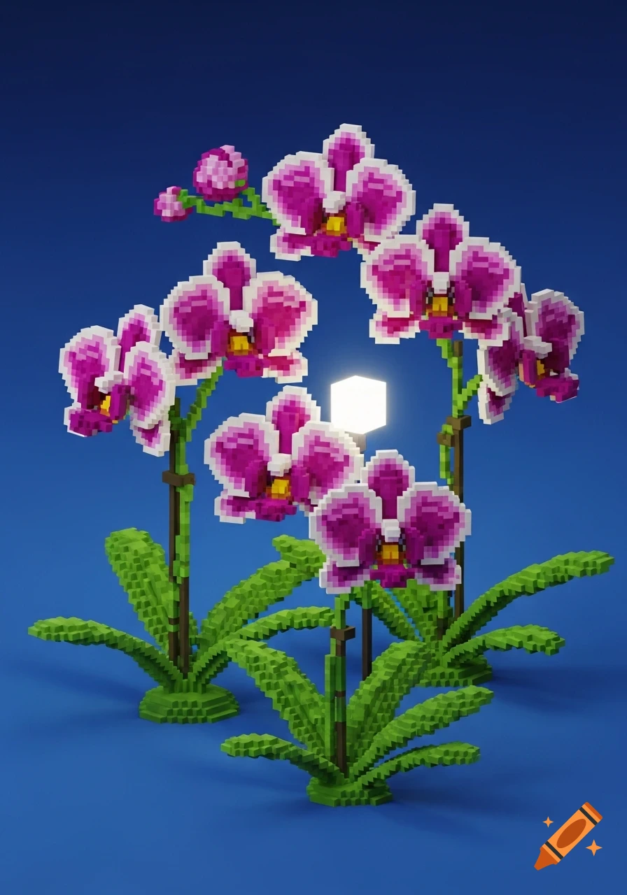 3D pixel art depiction of vibrant pink and white orchids with green leaves and stems against a blue background.