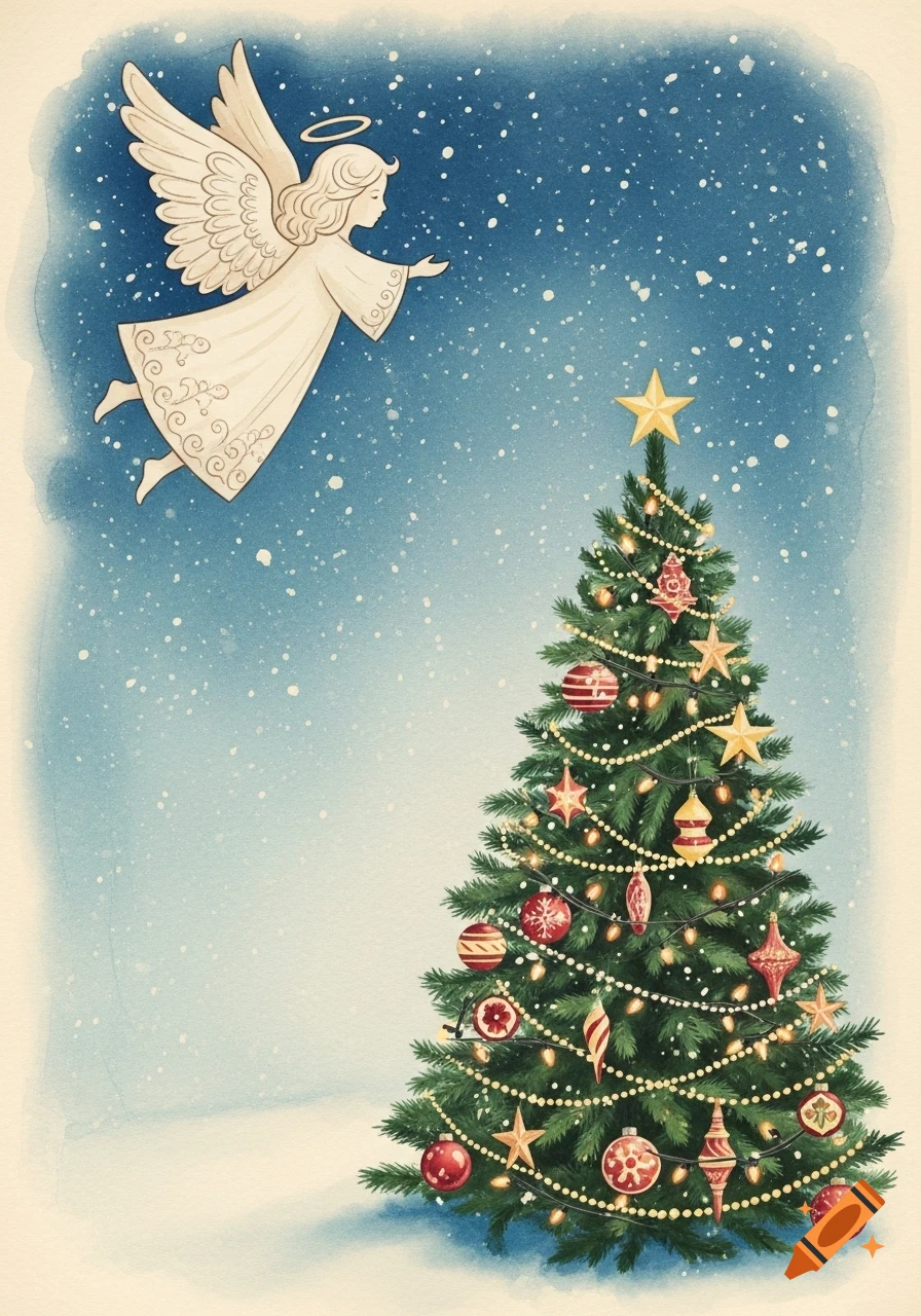 Watercolor illustration of an angel flying over a decorated Christmas tree in a snowy blue night.