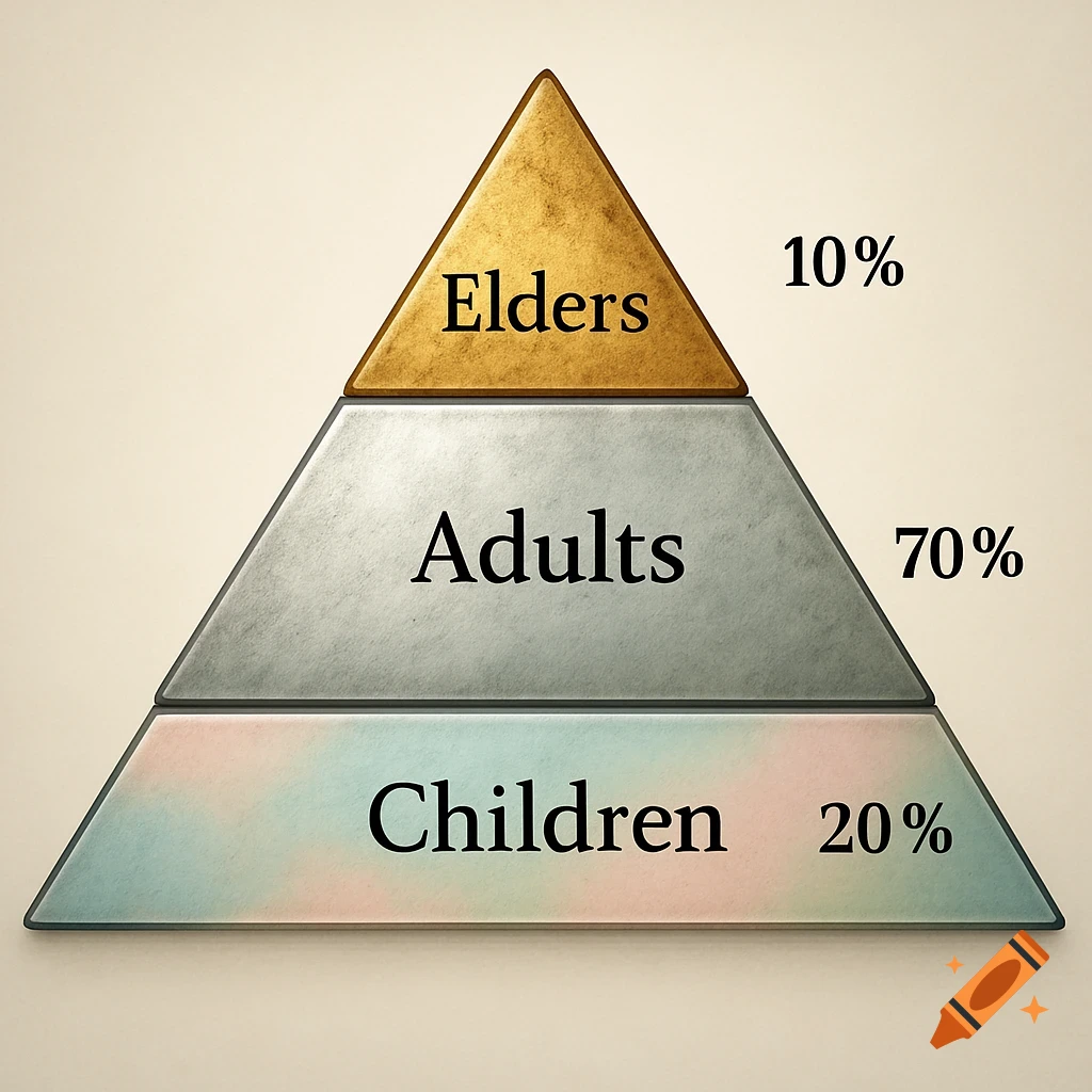 A three-layered demographic pyramid diagram. The top gold layer is 'Elders 10%', the middle grey layer 'Adults 70%', and the bottom colorful layer 'Children 20%'.