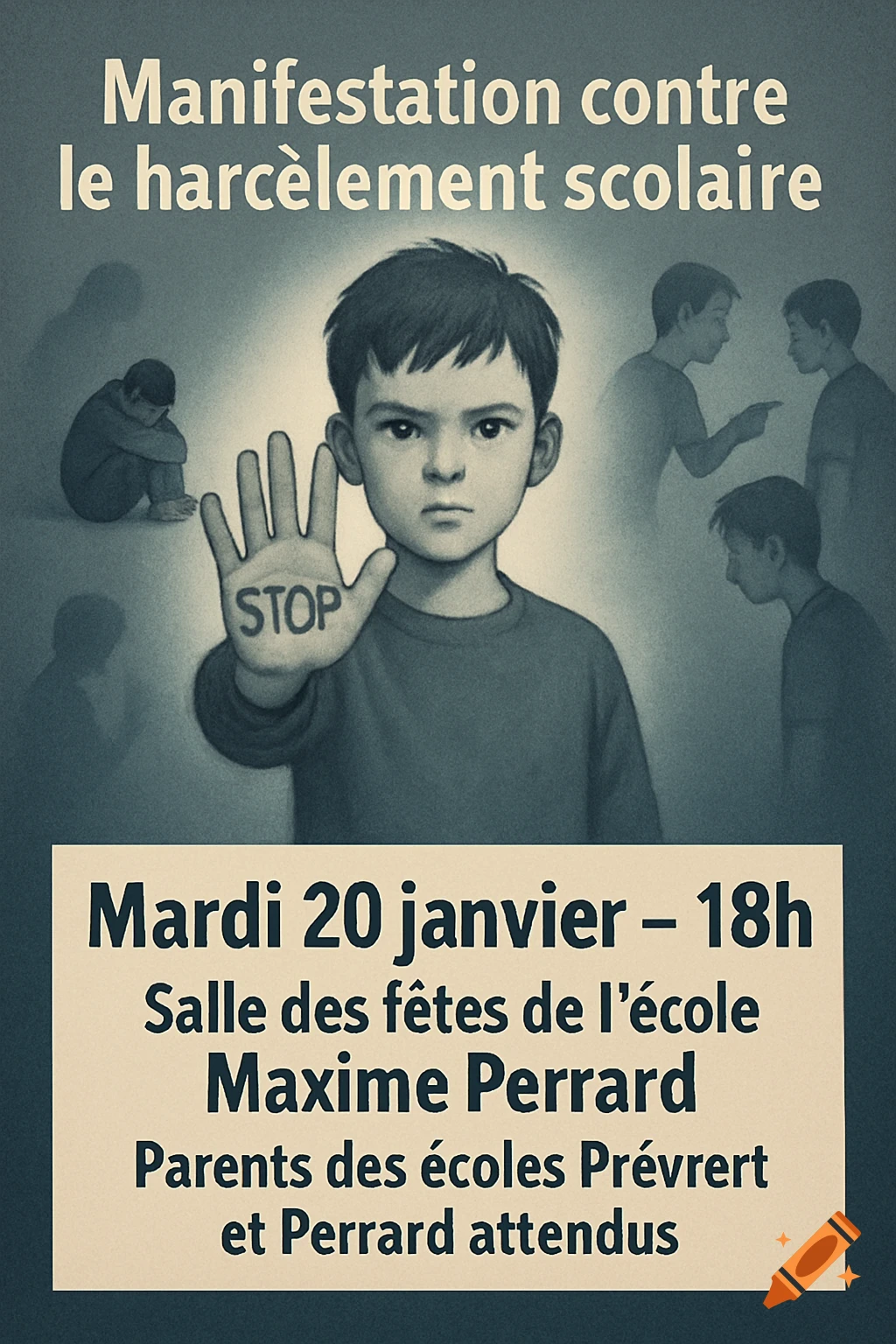 A child holds up a hand with 'STOP' written on it, surrounded by blurry figures depicting bullying and sadness, on an anti-bullying poster with French text.