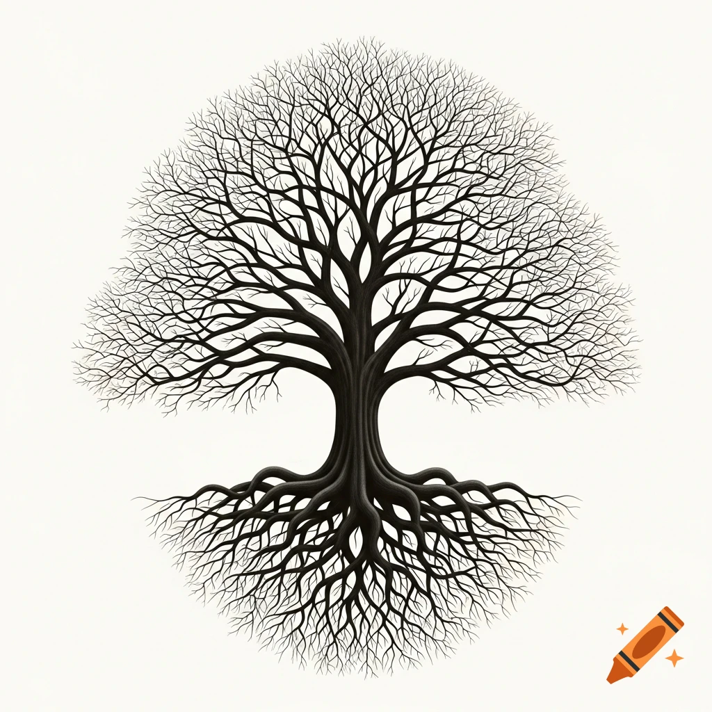 Stylized bare tree with intricate branches and exposed roots forming a symmetrical circular design on a plain white background.