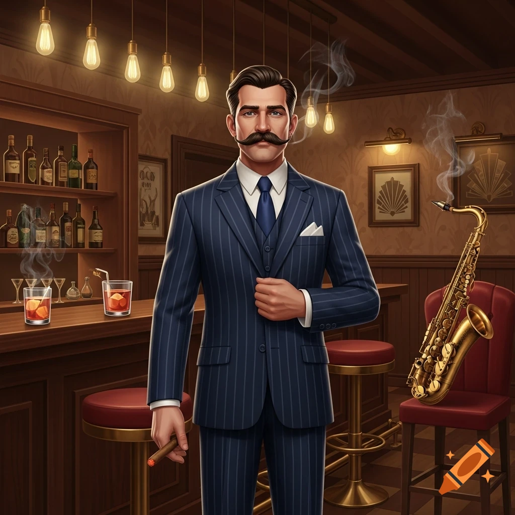 An illustrative image of a moustached man in a pinstripe suit holding a cigar, standing at a bar with drinks and a saxophone.