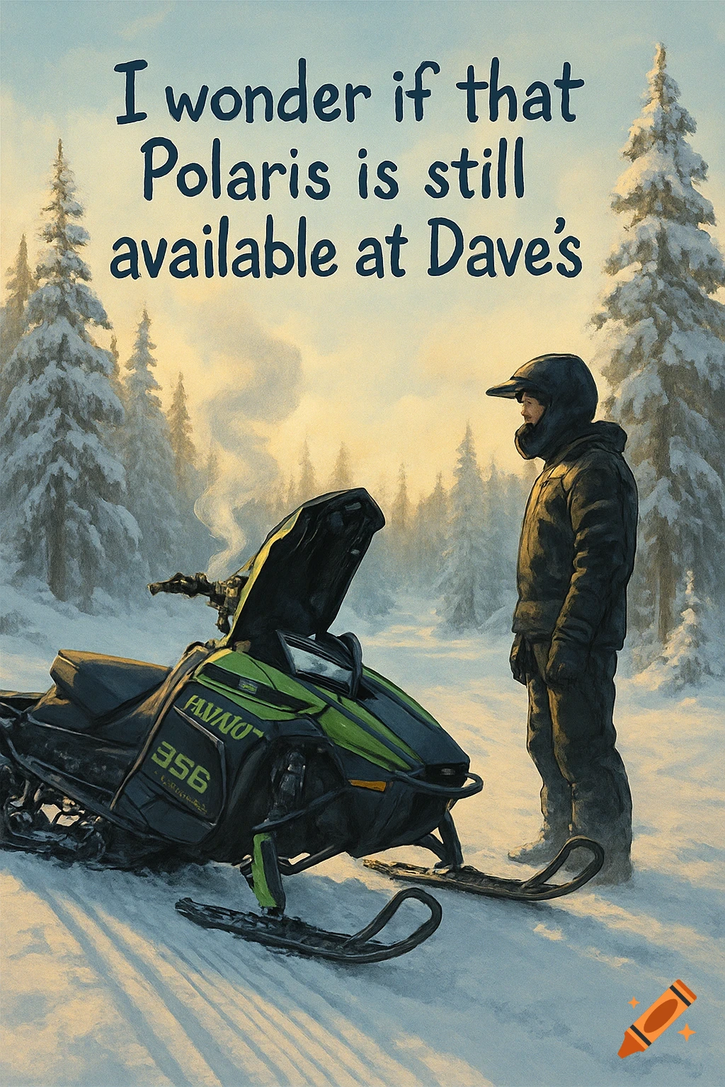 A person in a snowmobile suit stands next to a green snowmobile with its hood up in a snowy forest. Text above reads: "I wonder if that Polaris is still available at Dave's"
