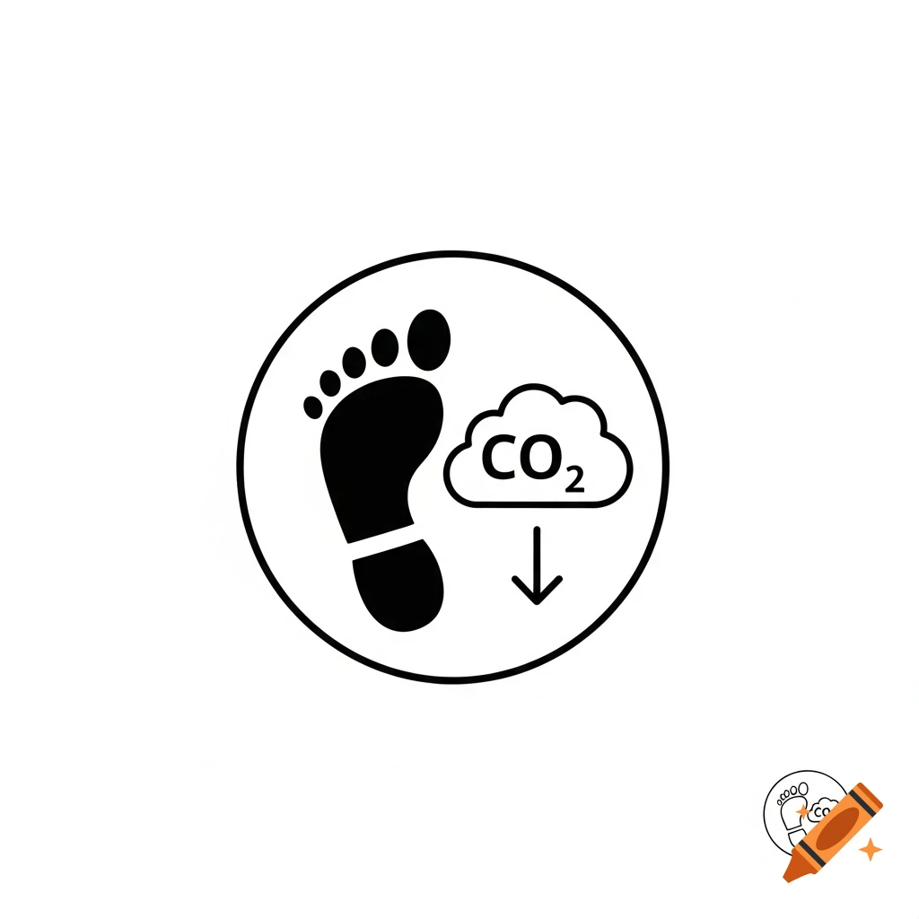 A black and white icon depicting a human footprint next to a CO₂ cloud with a downward arrow, symbolizing carbon footprint reduction.