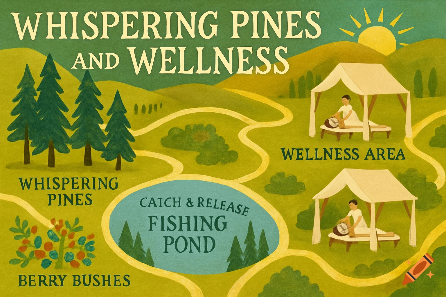 A stylized map illustration of 'Whispering Pines and Wellness' park with areas for massages, fishing, and berry bushes.