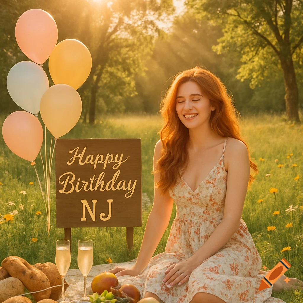 A smiling red-haired woman having a birthday picnic in a sunny field with balloons and a 'Happy Birthday NJ' sign.