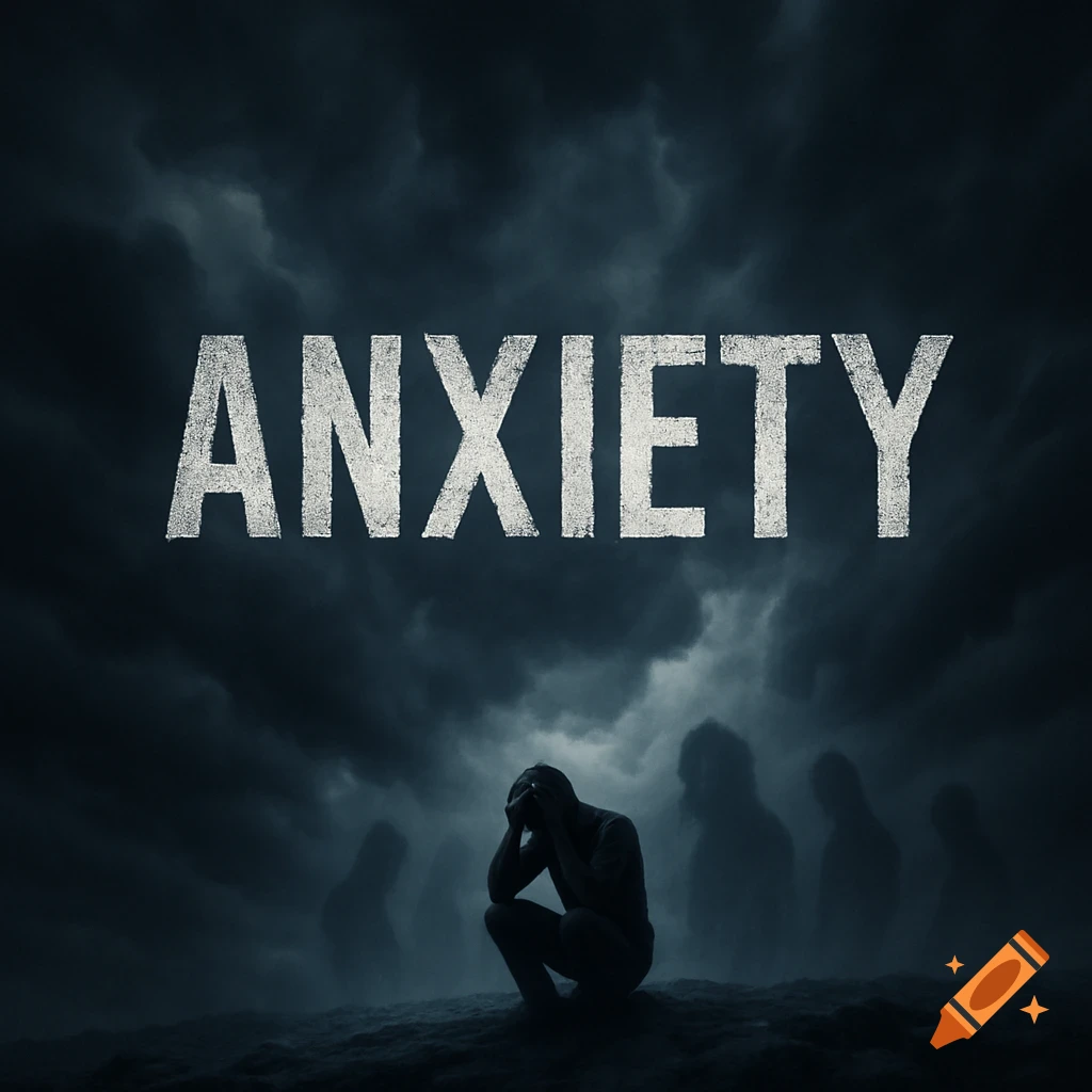 The word ANXIETY above a crouching person's silhouette surrounded by ghostly figures under a dark, cloudy sky.