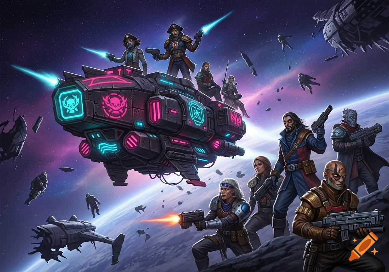 Futuristic space pirates with weapons on a large neon-lit spaceship, floating in a colorful galaxy above a planet.