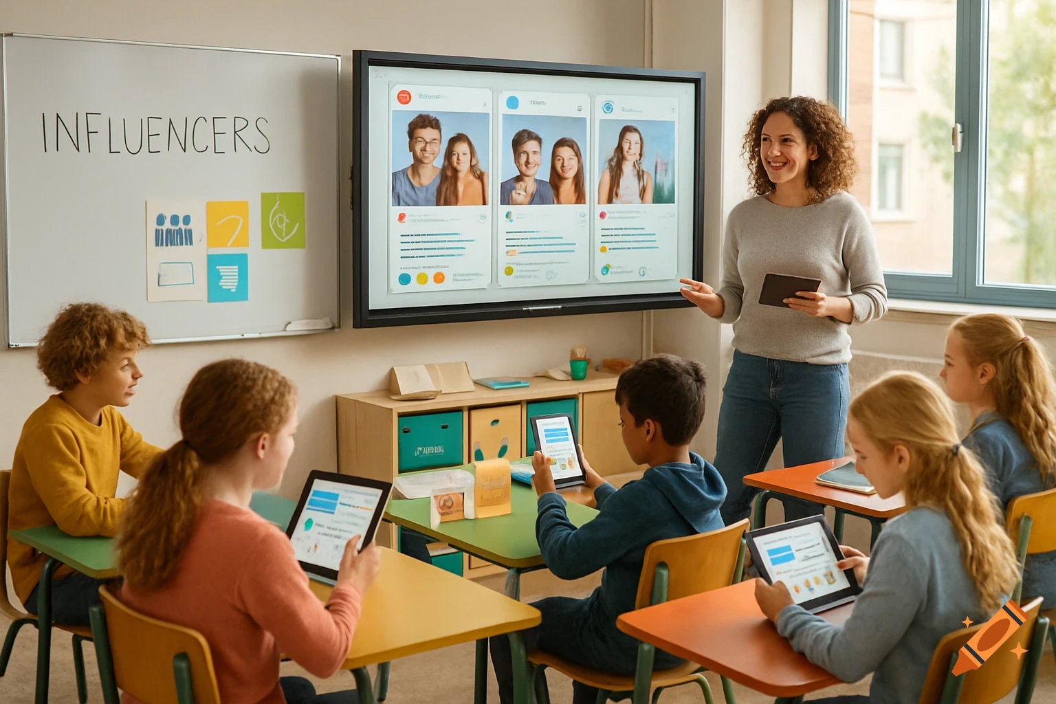 A teacher with curly hair and a class of young students discuss influencers and social media, using tablets and a large screen.
