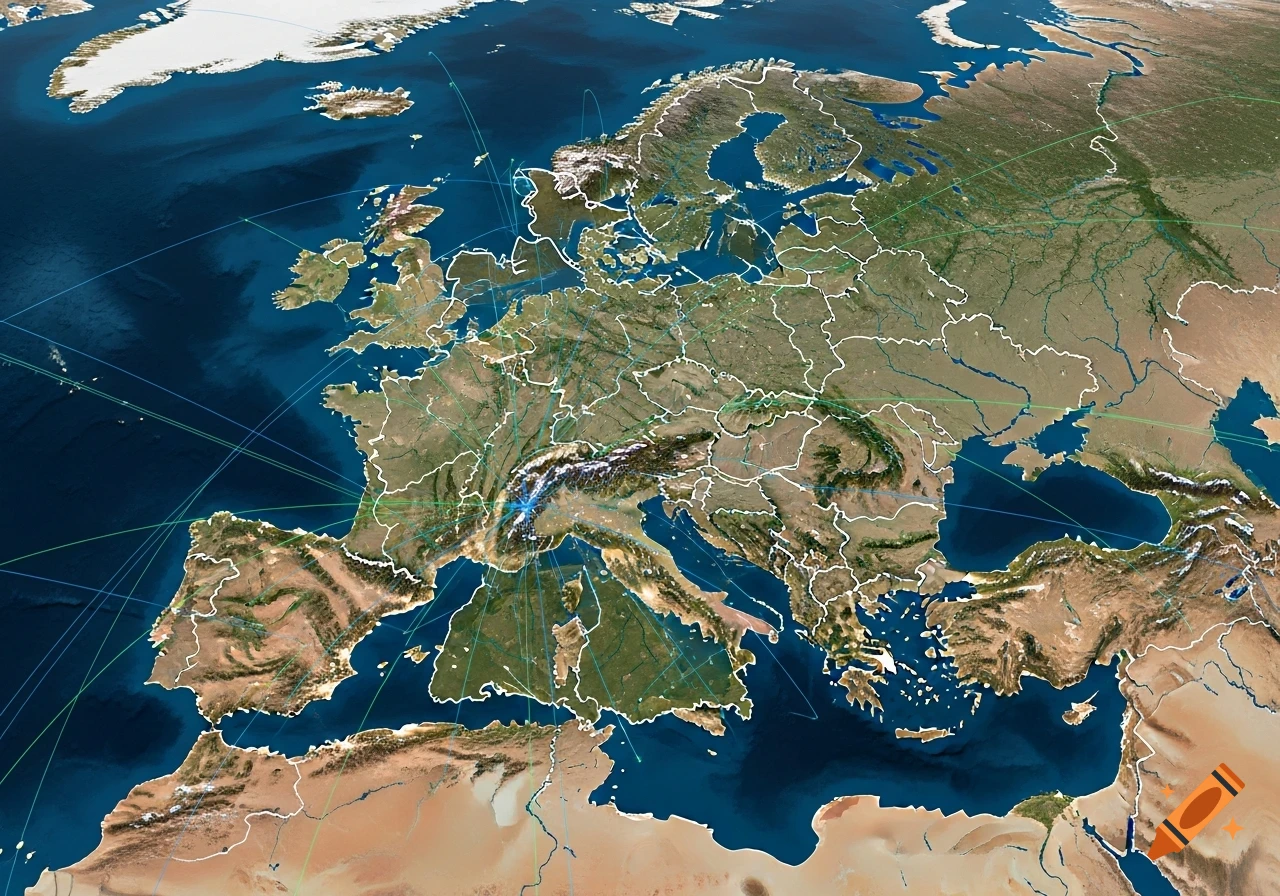Aerial view of Europe with detailed topography, country borders, and blue/green connection lines radiating from the central Alps region.