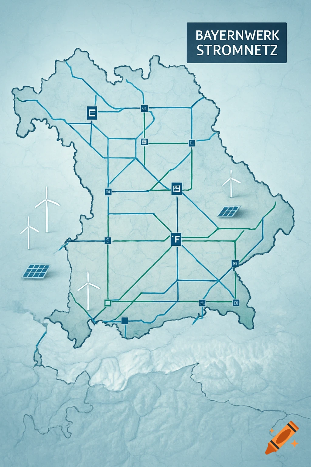 A map of Bavaria shows a blue and green electricity grid with wind turbines and solar panels, labeled 'Bayernwerk Stromnetz'.