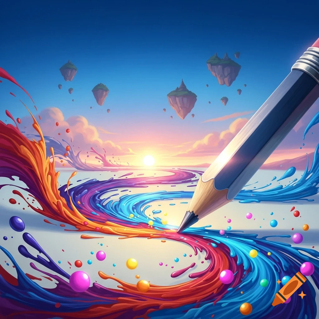 A giant pencil draws vibrant, multicolored paint strokes that flow across a white ground into a fantastical sunset landscape with floating islands.