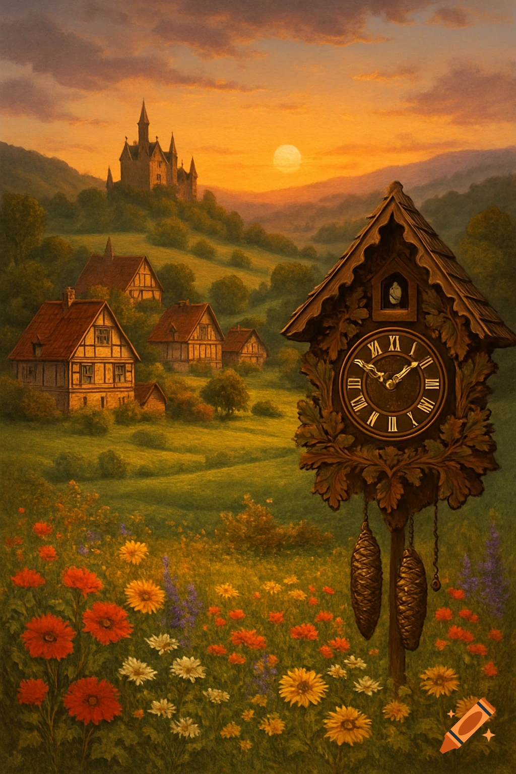 Painterly scene of a cuckoo clock and half-timbered houses in a rolling green valley with wildflowers, castle, and sunset.