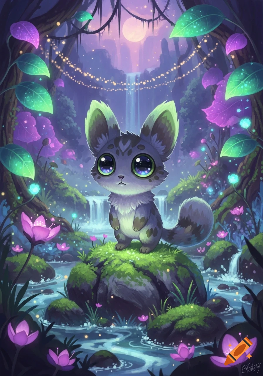 A cute, grey, fluffy creature with big green eyes and ears stands on a mossy rock in a whimsical, glowing fantasy forest with waterfalls under a full moon.
