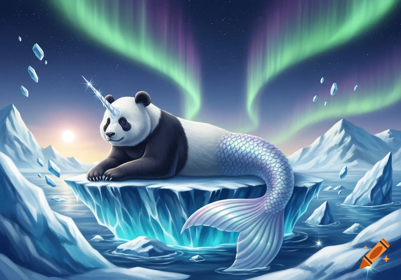 A majestic panda-unicorn-mermaid creature rests on an ice floe in the arctic sea under a vibrant aurora borealis sky.