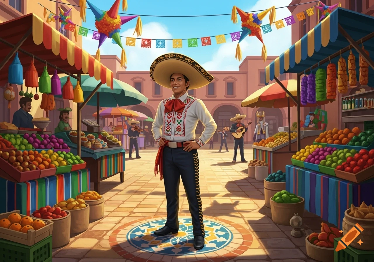 A smiling man in a sombrero and traditional Mexican attire stands in a colorful outdoor market with fruit stalls and piñatas.