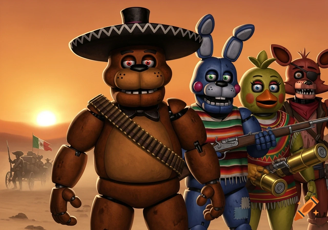 Freddy Fazbear and FNAF crew as Mexican Revolutionaries, with sombrero, bandoliers, and rifles in a desert sunset.