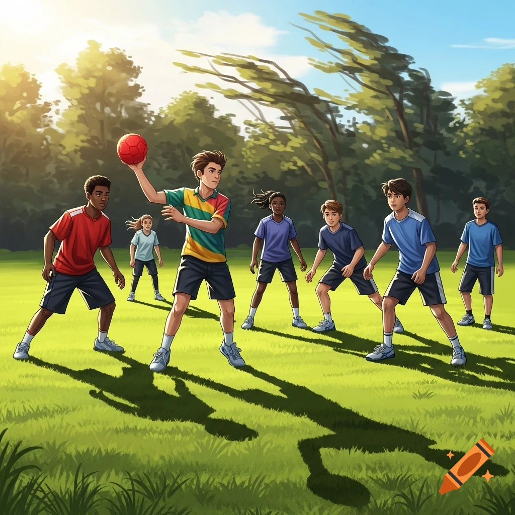 Illustrated group of children playing dodgeball in a sunny park with green grass and trees.