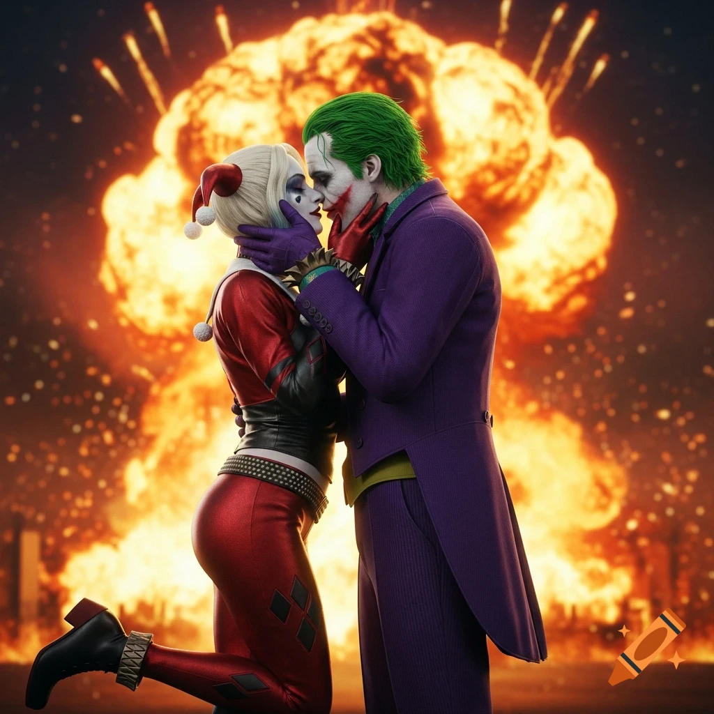 Joker and Harley Quinn kiss passionately in their iconic costumes against a fiery explosion backdrop.