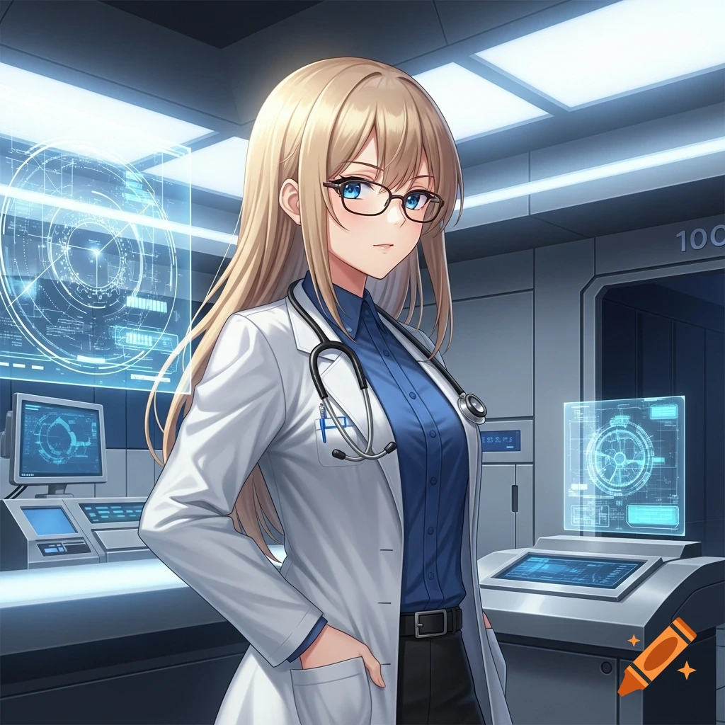 A blonde anime female doctor with glasses and a stethoscope, wearing a lab coat, stands in a futuristic lab.