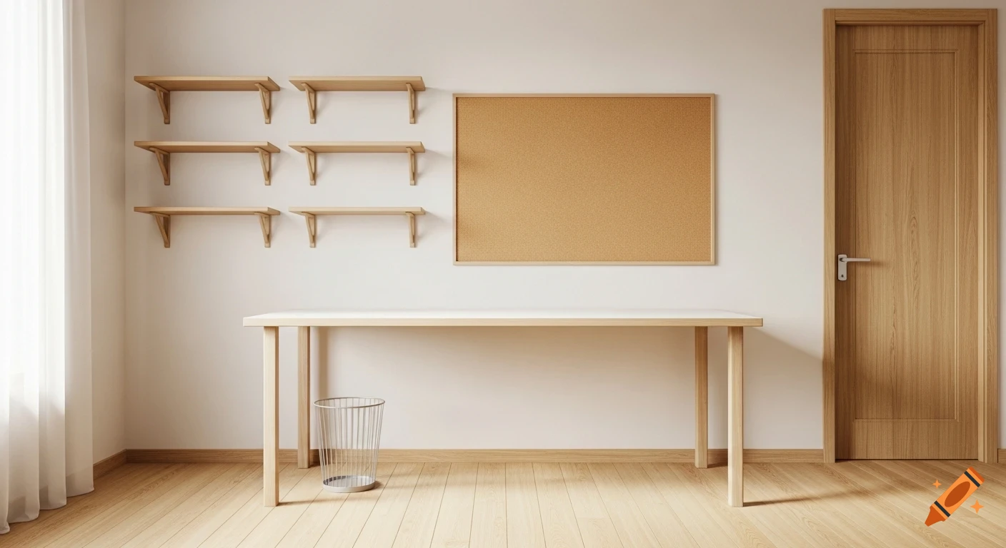 A clean, modern home office with a white desk, a wastebasket, a large cork board, and several wooden wall shelves. Wood floor, white walls, and a window with sheer curtains.