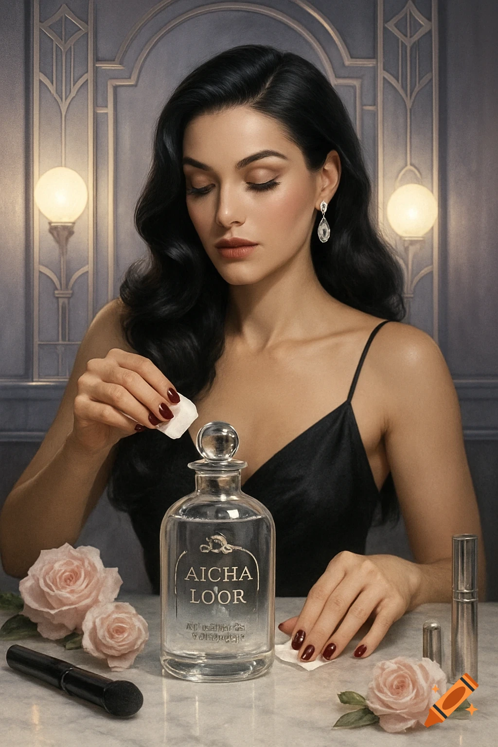 A woman with dark hair in a black dress holds a cotton pad over a bottle of 'Aicha Loor' on a marble surface with roses.
