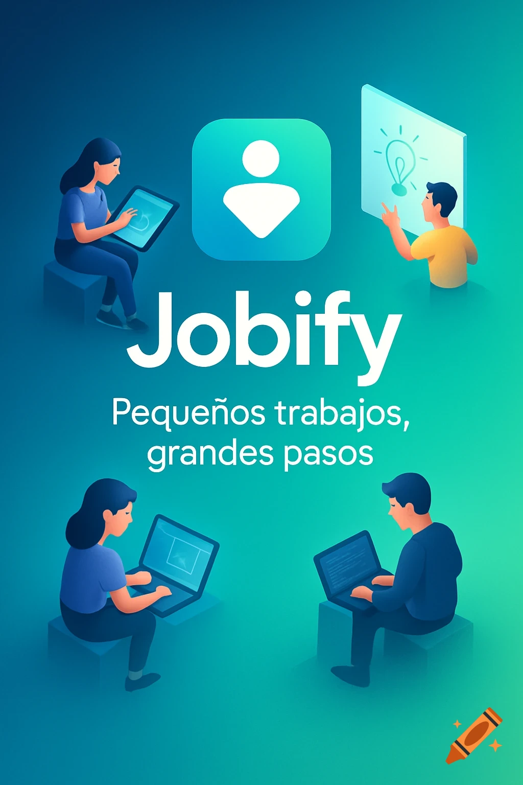 An illustration for 'Jobify' with a logo, three stylized figures ...
