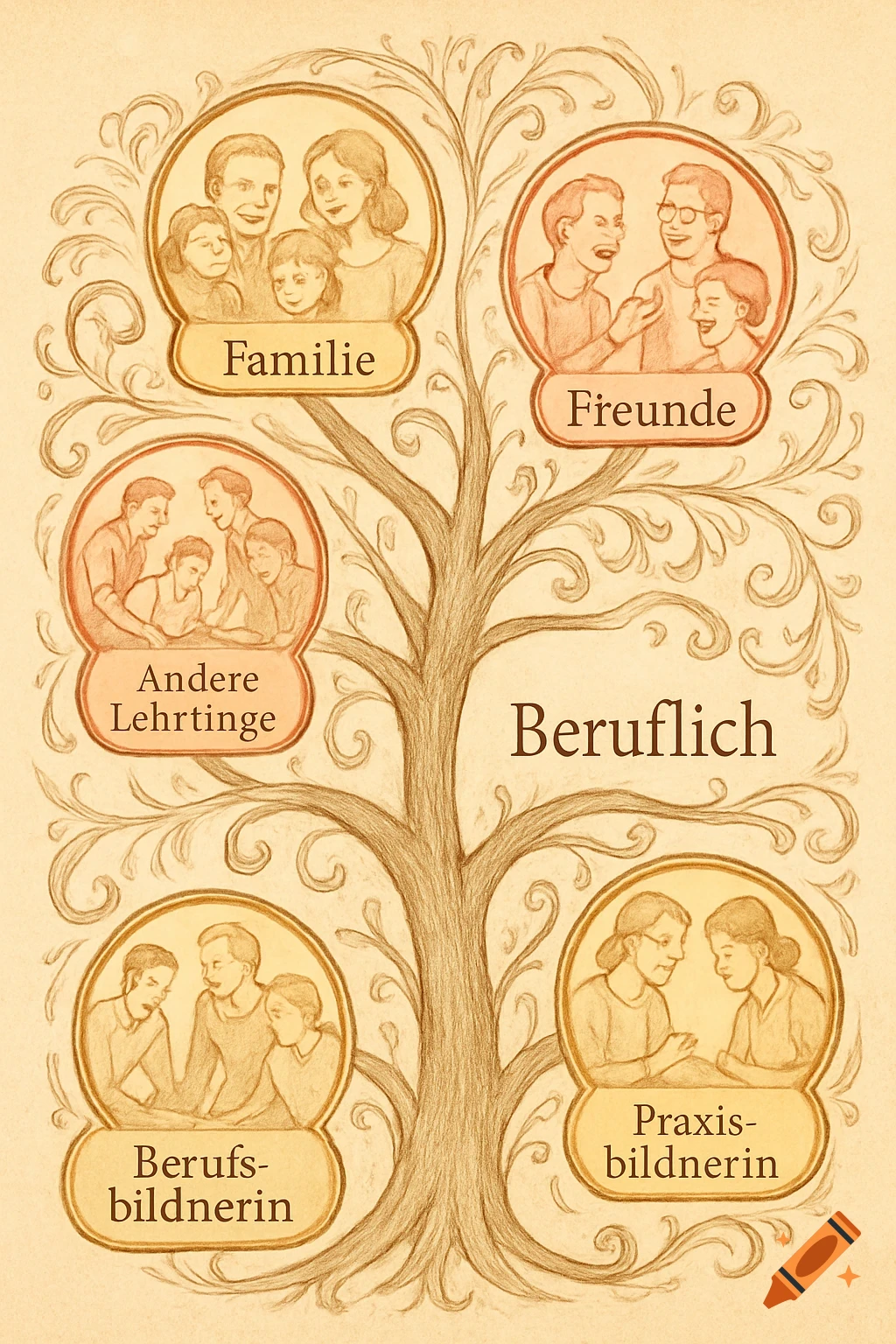 Sepia-toned diagram of a tree with labeled sections representing 'Familie', 'Freunde', 'Andere Lehrlinge', 'Berufsbildnerin', and 'Praxisbildnerin'.