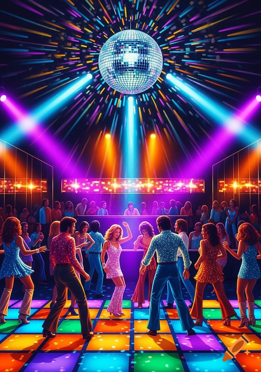 People dancing at a vibrant disco with a mirrored ball and colorful lights.