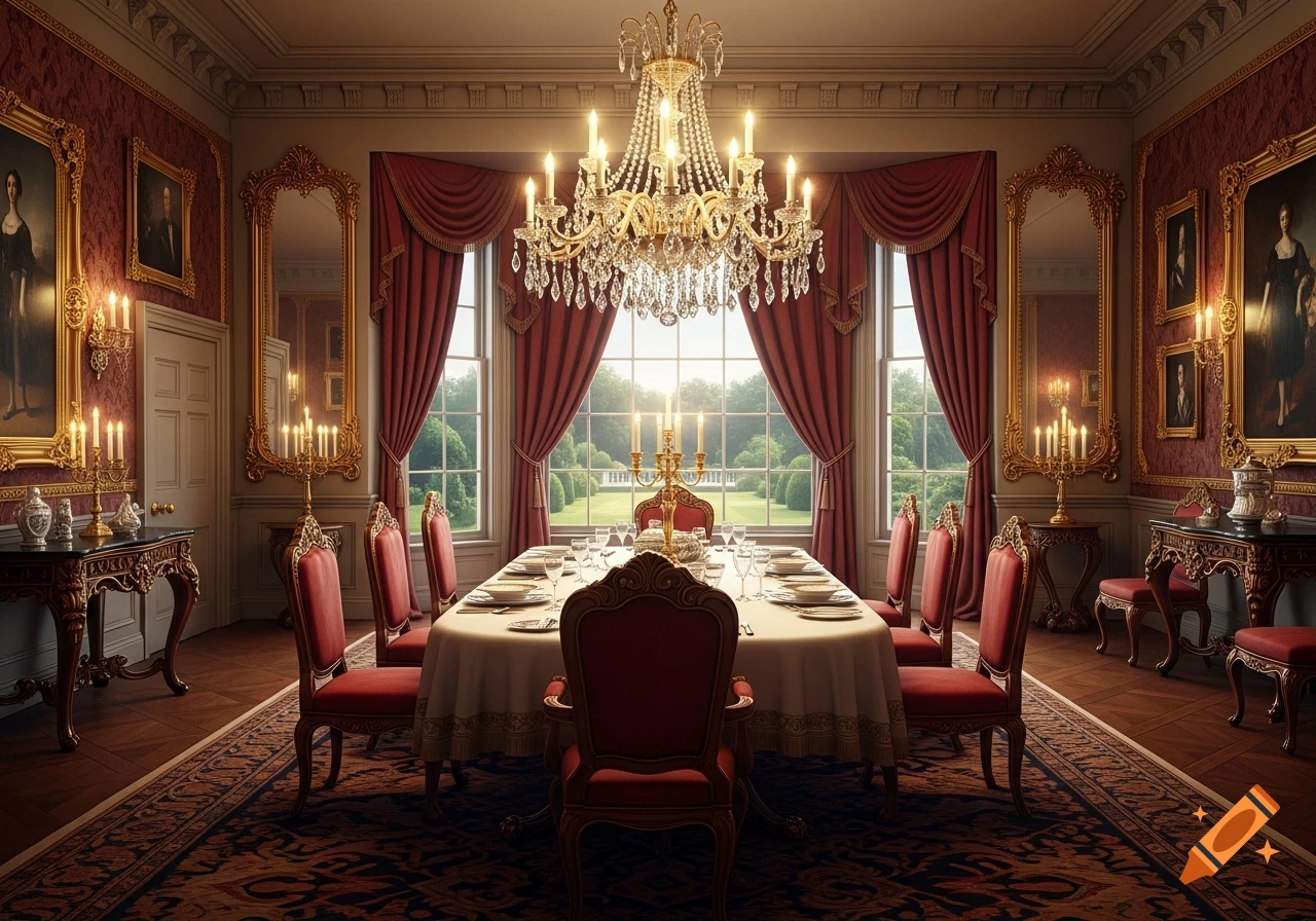 An opulent dining room with a long table, red chairs, crystal chandelier, and large windows looking onto a garden. Walls display framed portraits and mirrors.