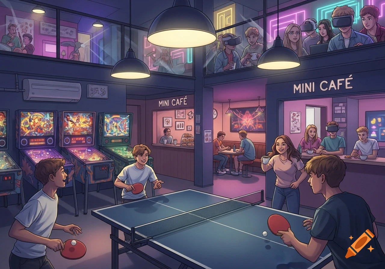 A bustling youth center with people playing table tennis, arcade games, using VR headsets, and relaxing in a mini cafe. The scene has a vibrant, neon-lit atmosphere.