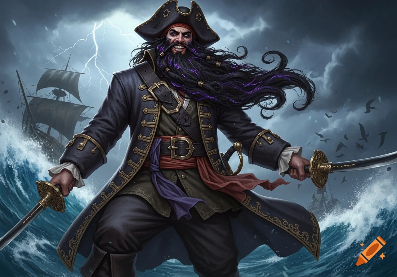 A fierce pirate with a long, dark, flowing beard and two katanas stands on stormy waves, a ship and lightning in the background.