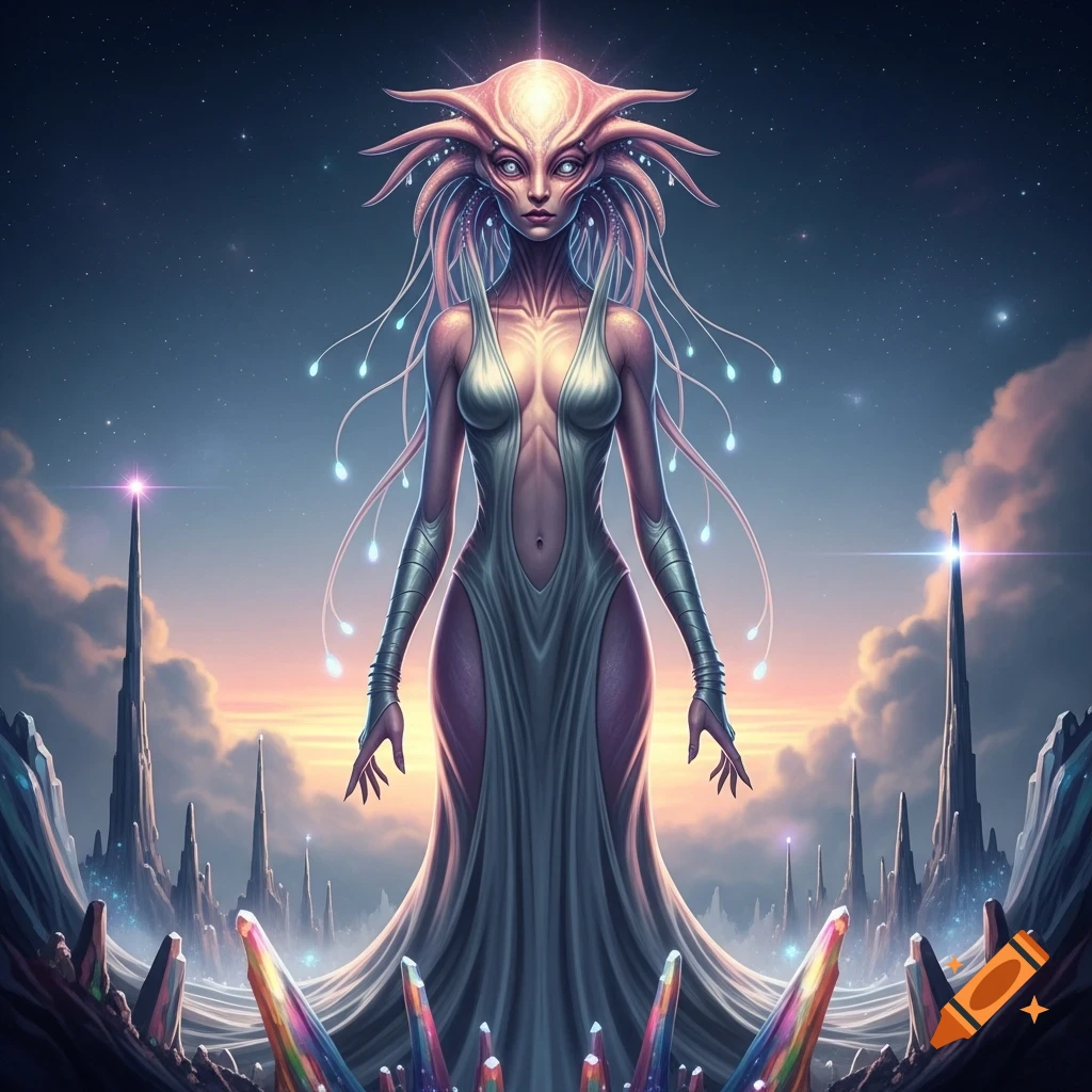 A tall, slender alien woman with an elaborate head and glowing tendrils, wearing an elegant gown, stands in a sci-fi landscape under a starry sky.