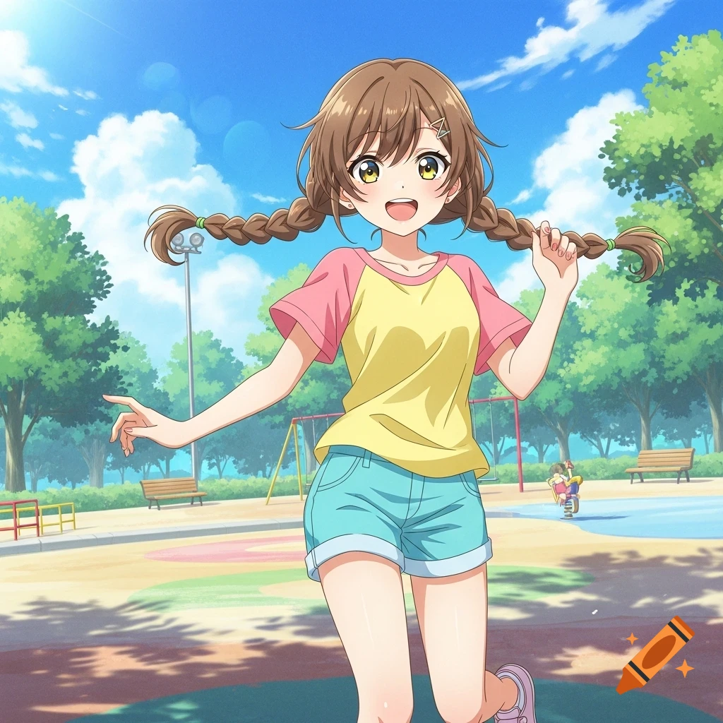 An anime girl with braided pigtails smiles in a bright playground, wearing a yellow and pink shirt and blue shorts.