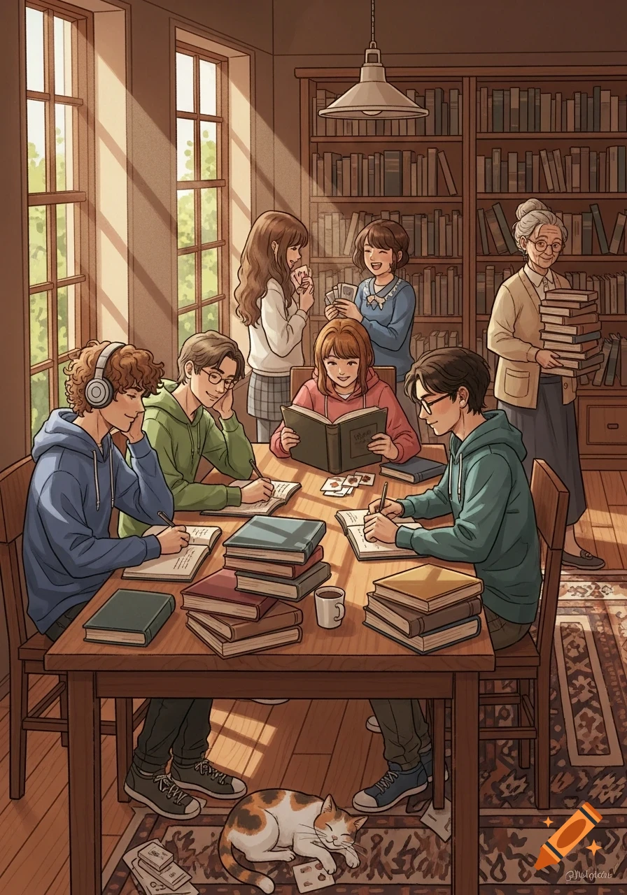 An animated scene in a library with students studying and playing cards, a librarian, and a sleeping cat under the table, rendered in a warm digital art style.