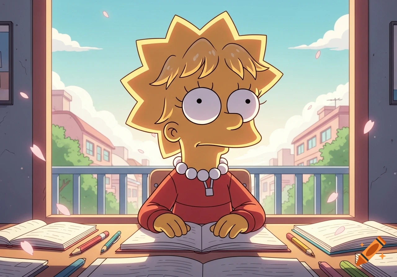 Lisa Simpson sits at a desk full of open books and pencils, looking forward with a thoughtful expression in an anime art style.