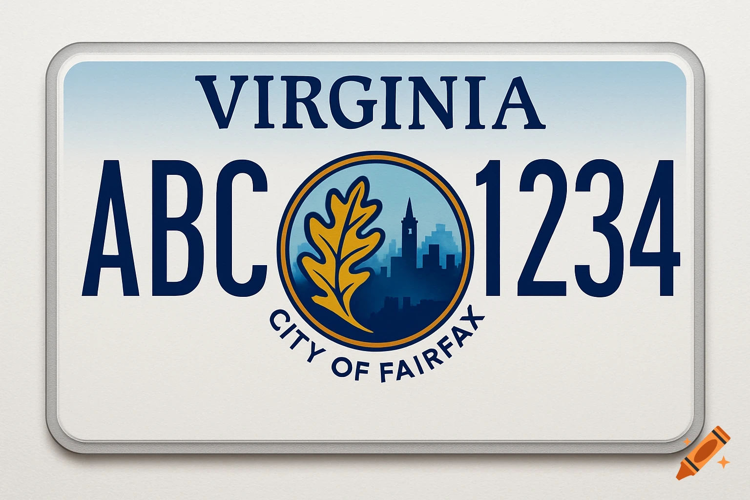 A Virginia license plate with blue text 'VIRGINIA' at the top, 'ABC 1234' in the middle, and a central circular seal featuring a yellow leaf, blue cityscape, and 'CITY OF FAIRFAX' text below.