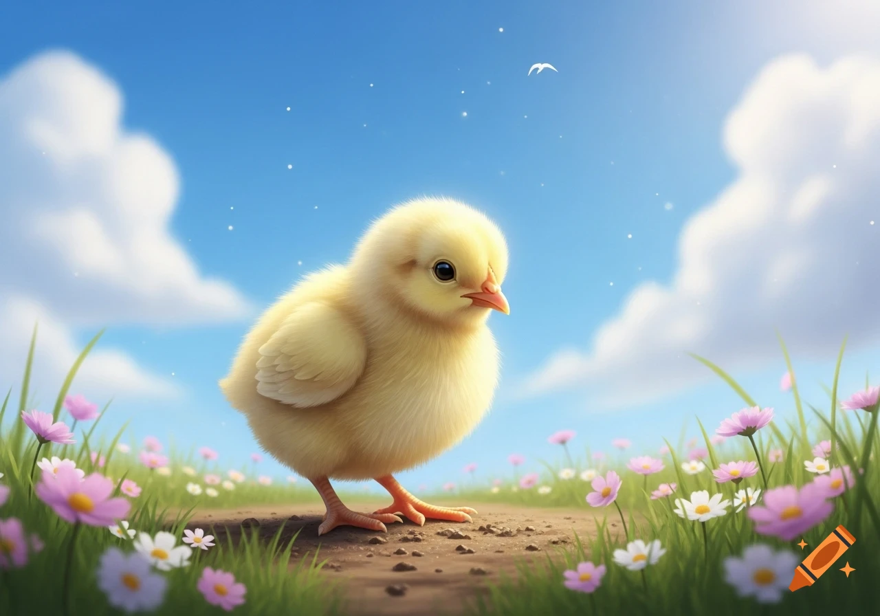 A fluffy yellow chick stands on a dirt path amidst green grass and pink and white flowers under a bright blue sky with white clouds.