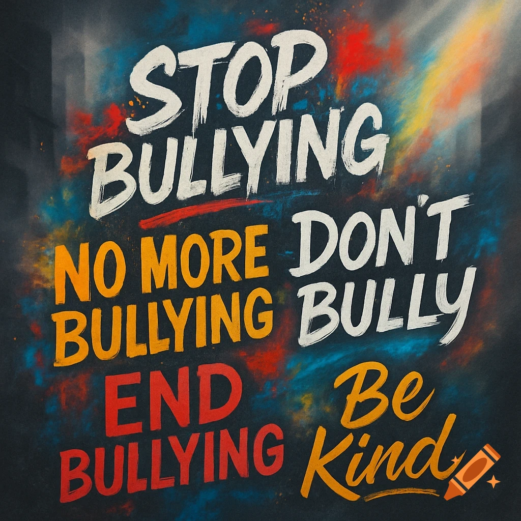 Anti-bullying slogans 'Stop Bullying', 'No More Bullying', 'Don't Bully', 'End Bullying', 'Be Kind' in colorful, chalk-style text.