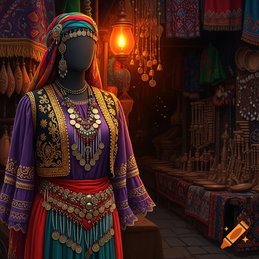 A mannequin dressed in vibrant Romani-style clothing with intricate gold embroidery, coin jewelry, and a colorful headscarf, displayed in a market stall.
